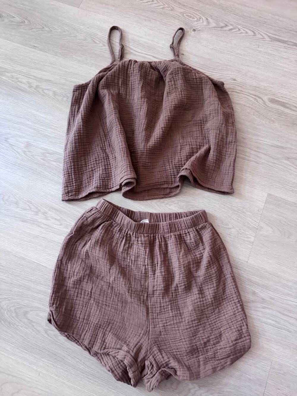 Girls Size 11-12 Brown Gauze Matching Outfit Shorts Set